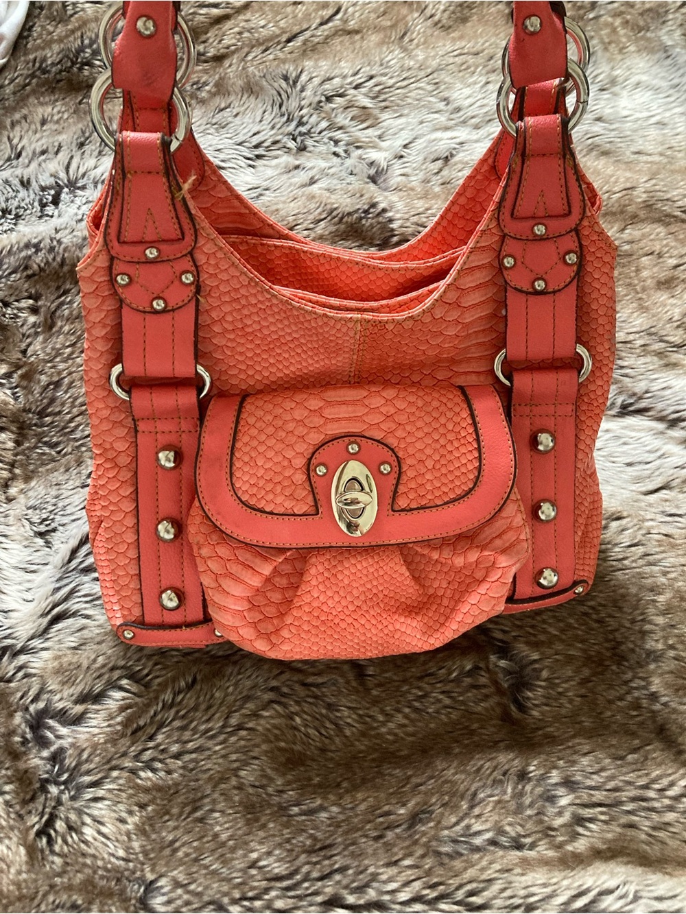 Wilsons Leather Coral Crocodile Leather Bag with Silver Hardware
